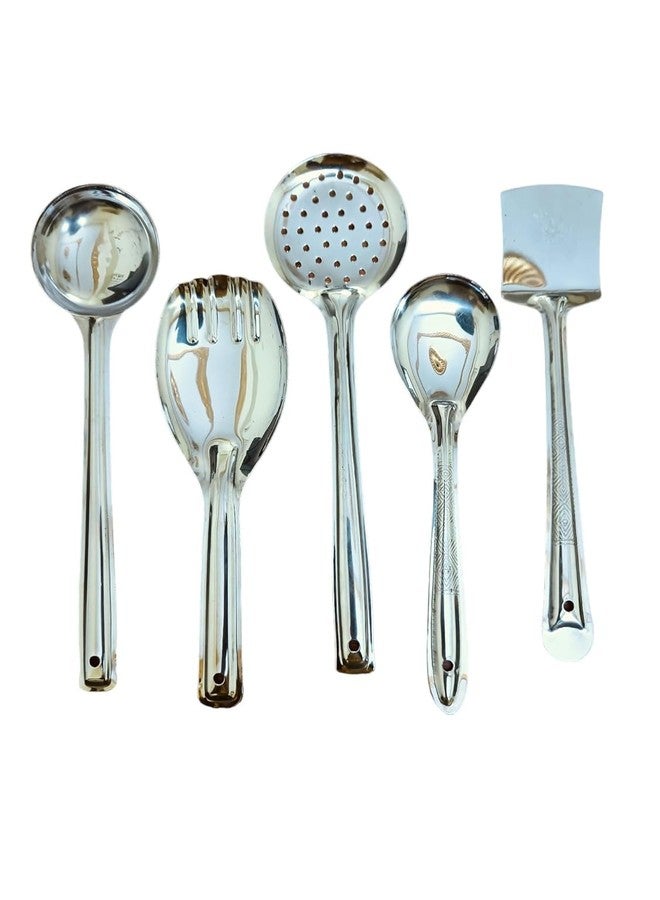 PUTHAK Stainless Steel Kitchen Utensils Set, 5-Pieces Cooking Tools with Spatula, Ladle, Skimmer, Cooking Spoon - Image 1